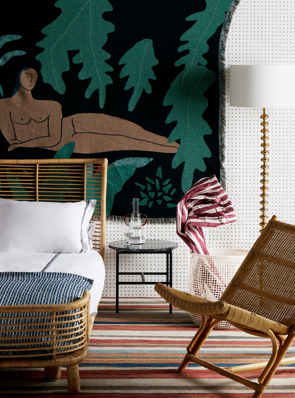 WALLS    •	Cotton ‘Jungle Blanket by BFGF 195 from A New Tribe.    •	‘Peggy wallpaper  by Mini Moderns 52cm wide 45 for...