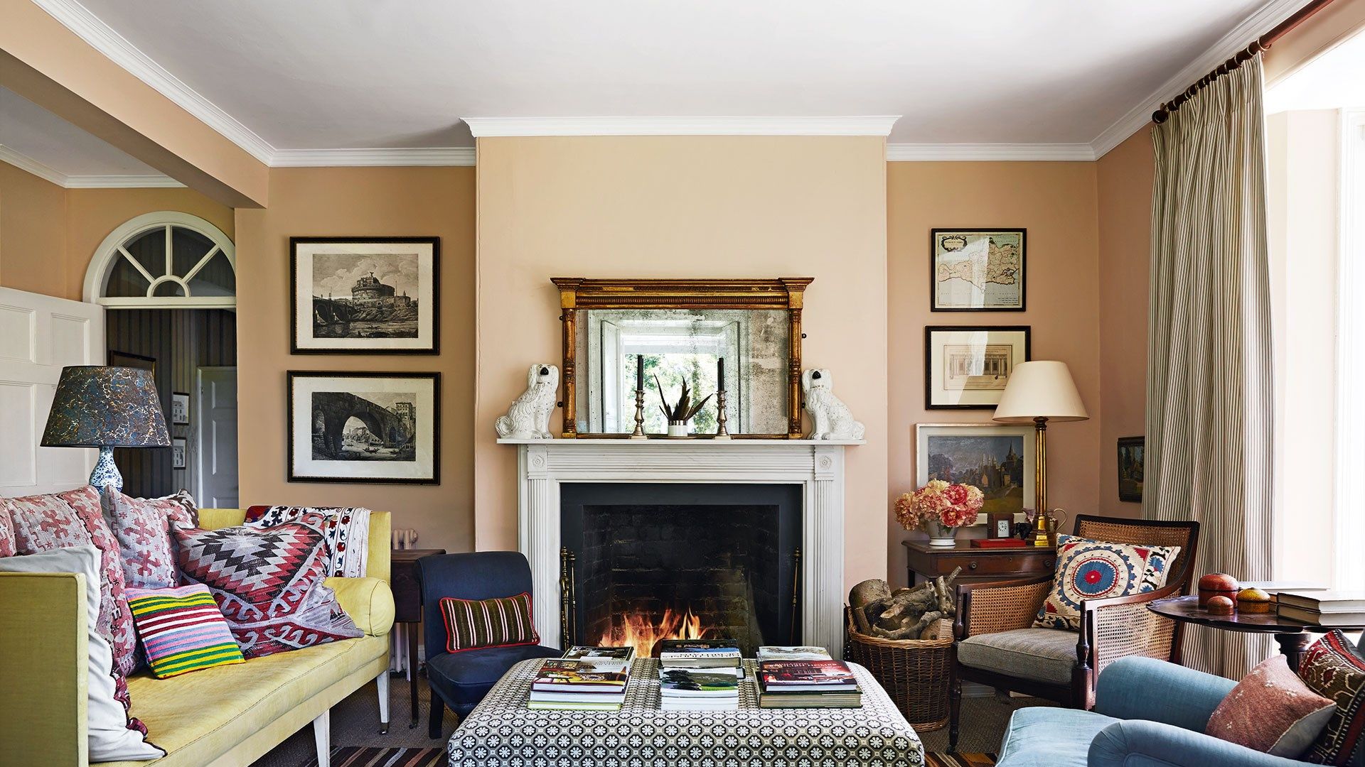 Living room design ideas. Image may contain Furniture Living Room Room Indoors Fireplace Cushion Hearth Interior Design...