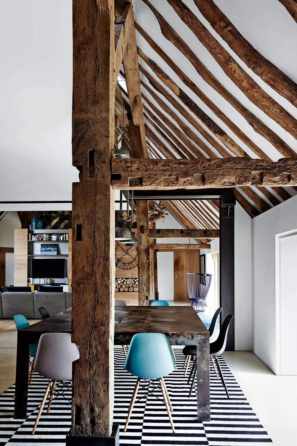 Dining area with striped carpet | Dining Room Design Ideas