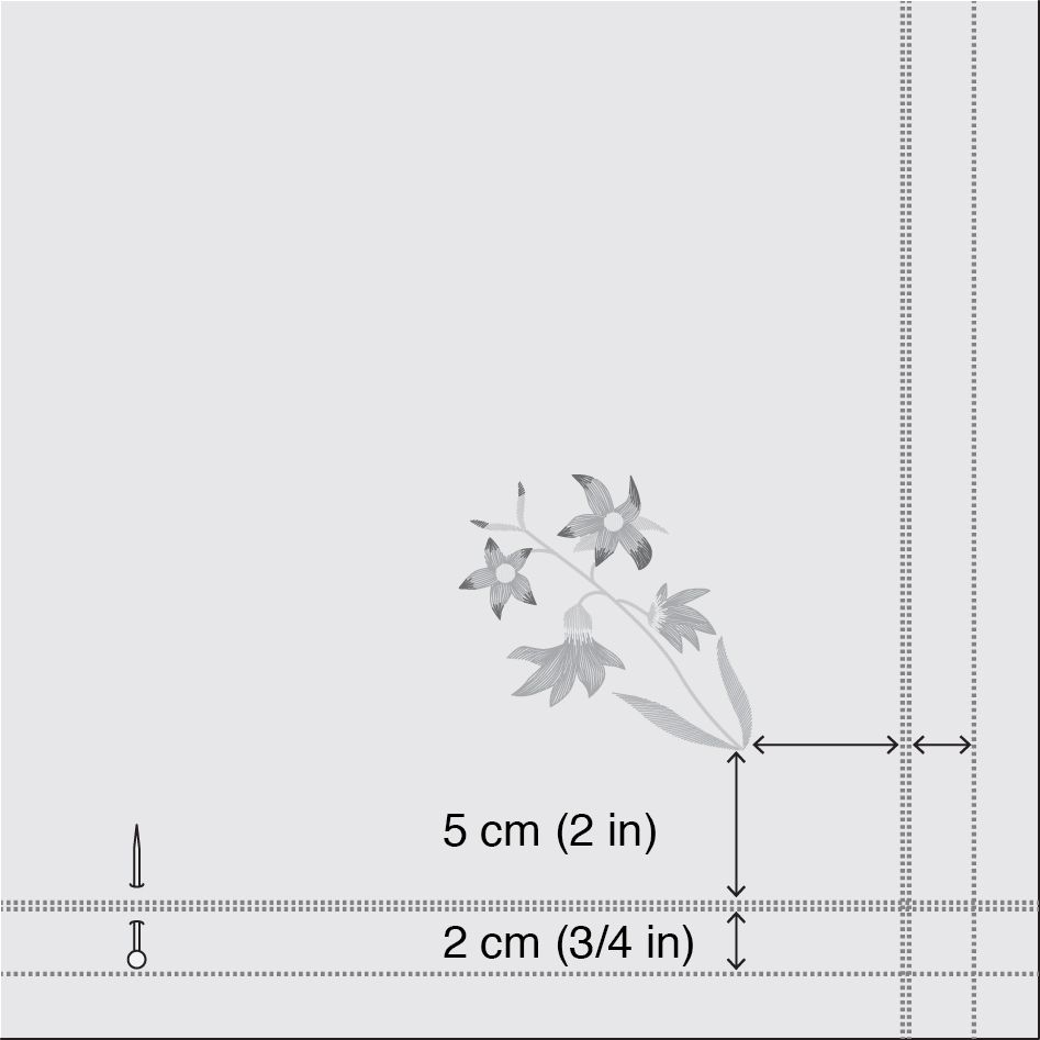 Select one corner of a fabric piece and baste a short line of stitching along the weave 7.58 cm in from each side of...