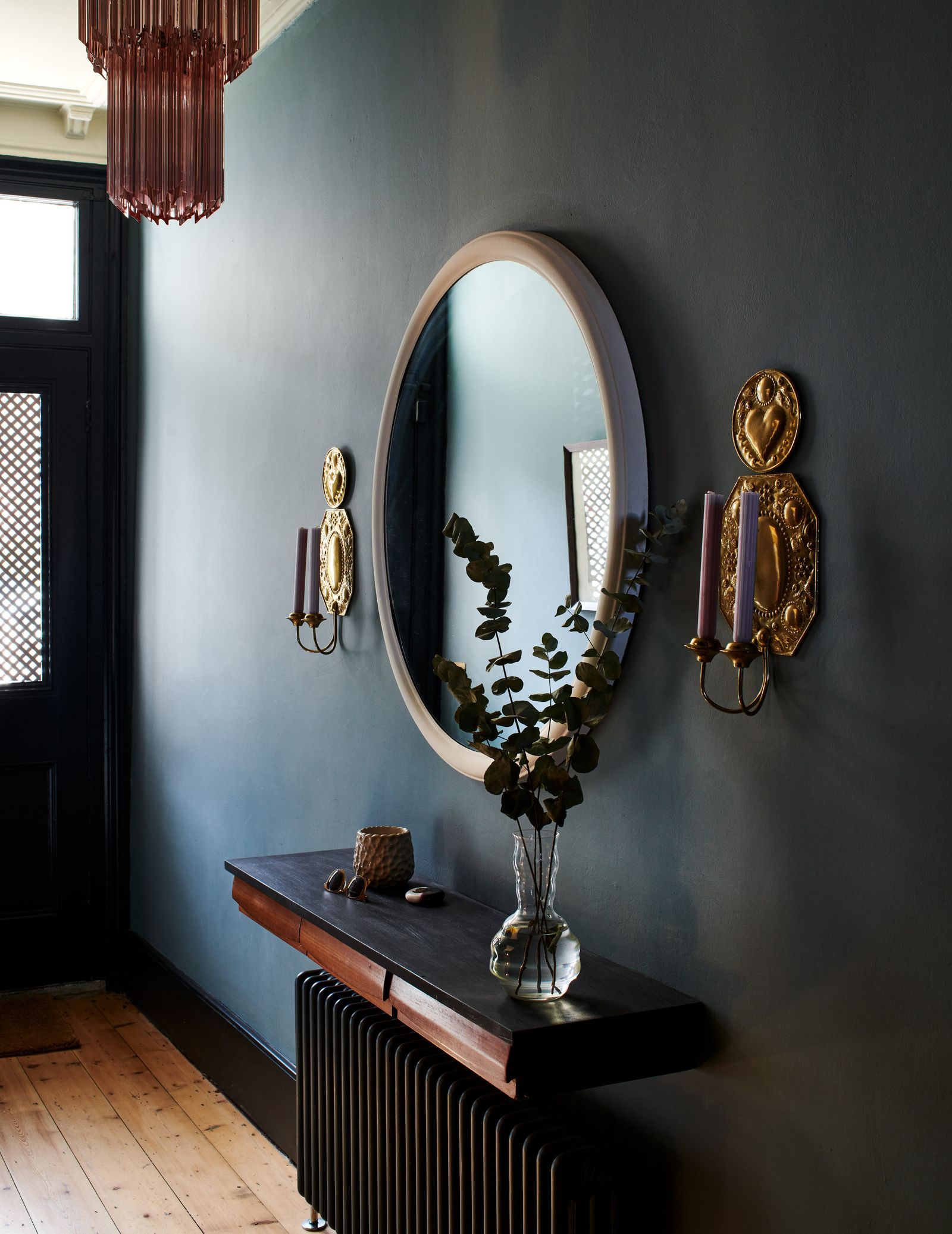 Designer Pandora Taylor's London house has a hallway in Farrow amp Ball's ‘De Nimes illustrating how well a dark colour...