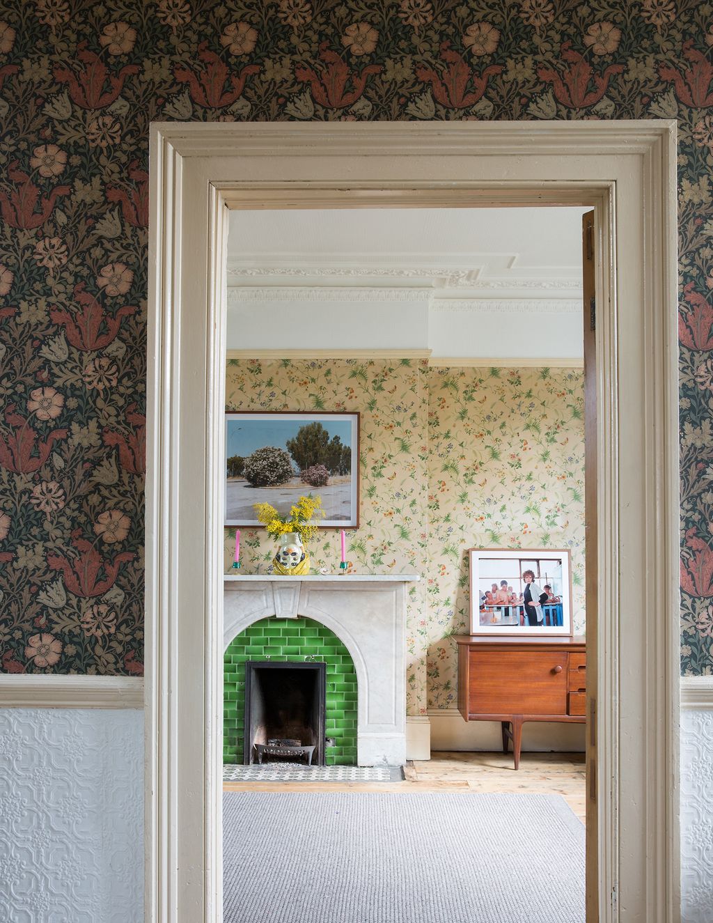 Image may contain Fireplace Indoors Hearth Interior Design Home Decor Living Room Room and Furniture