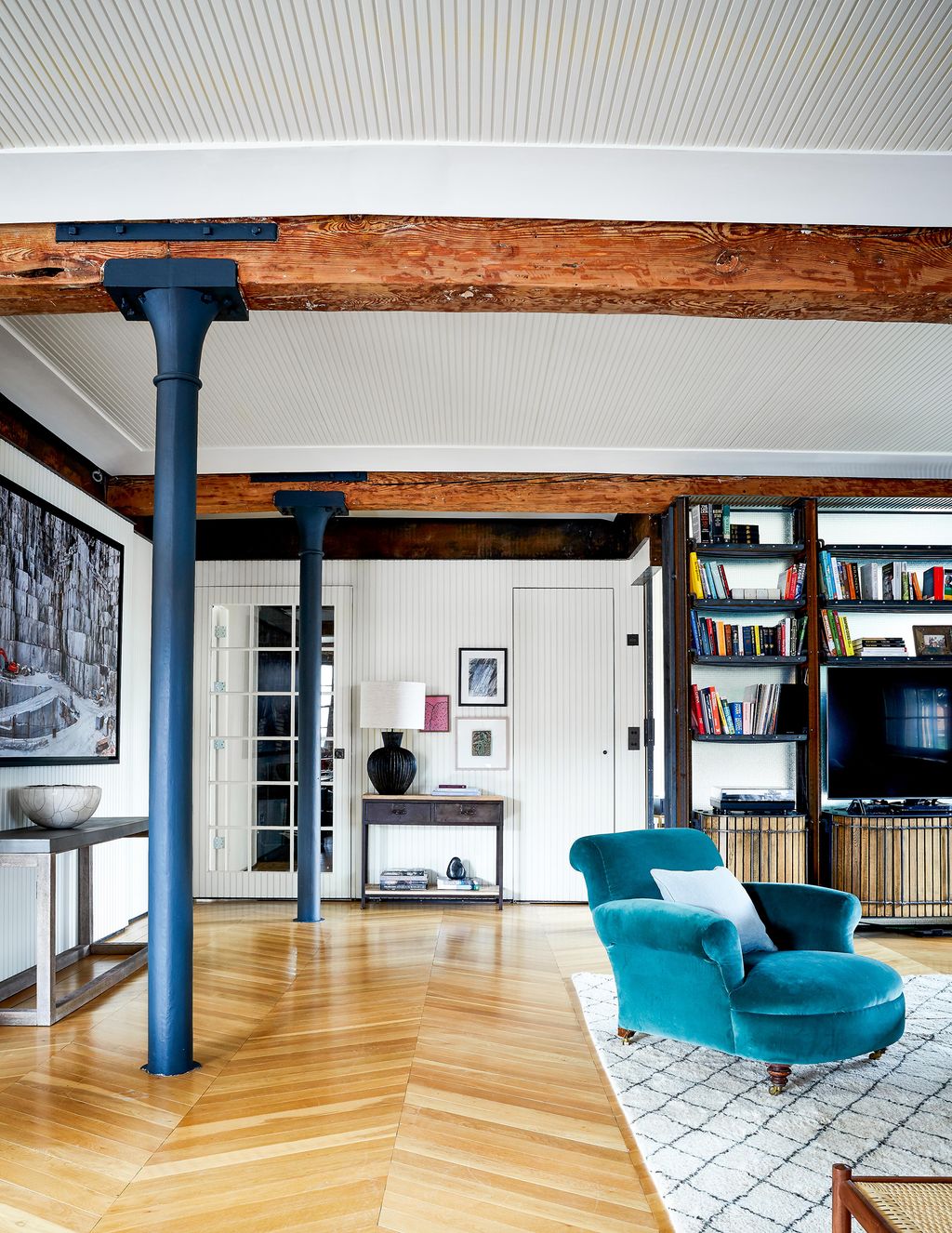 The matchstick timber panelling extends to the ceiling too as well as internal doors.