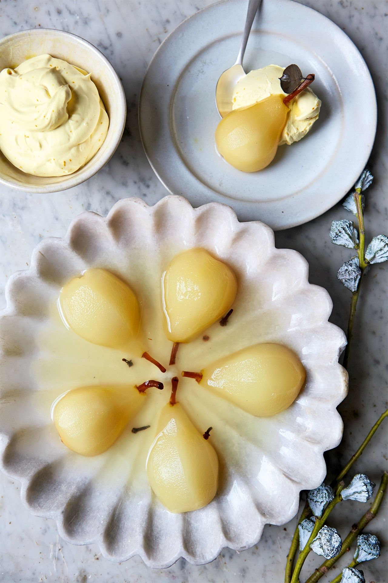 Poached pear recipe Rosewater poached pears with saffron cream