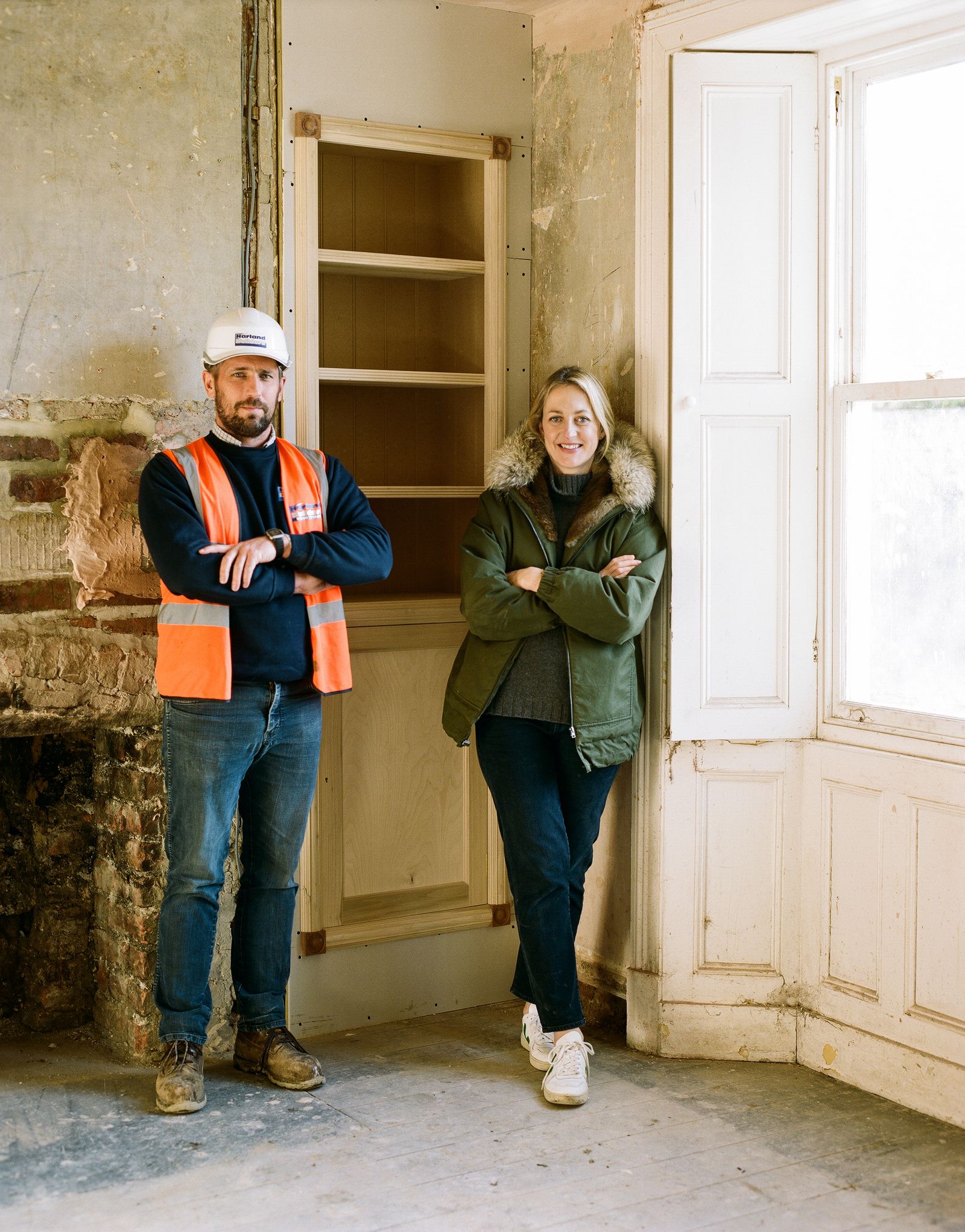 Image may contain Pants Clothing Apparel Human Person Shoe Footwear Jeans Denim Helmet Wood Shelf and Hardhat