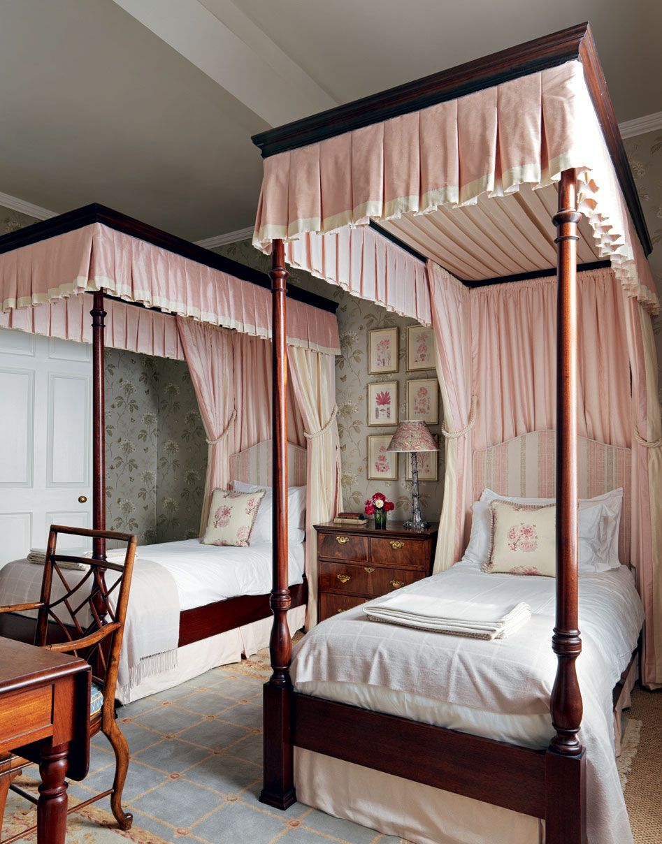 Twin fourposters also by VSP are hung with Nile  Yorks ‘Particles and Sandersons ‘Iris in petal.