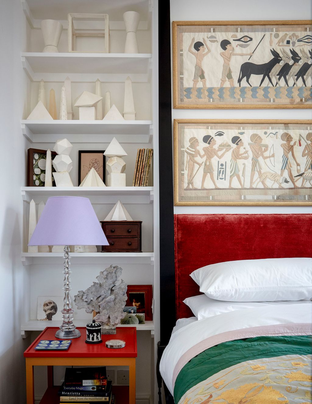 Image may contain Furniture Bed Interior Design Indoors Lamp Shelf Table Lamp Cupboard and Closet