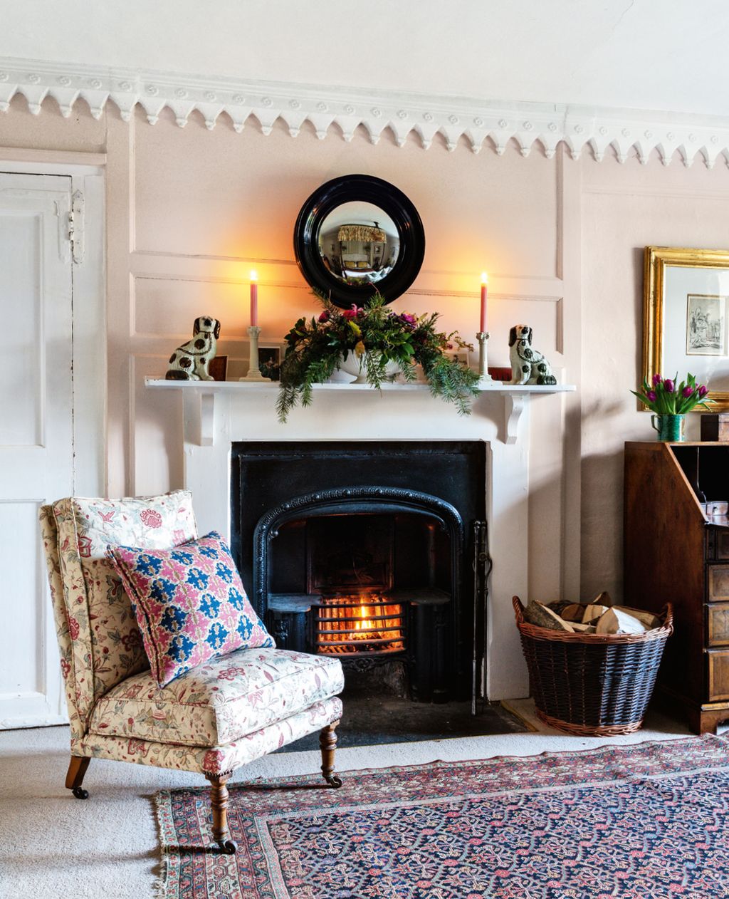 Image may contain Fireplace Indoors Living Room Room Hearth Interior Design Furniture Couch Cushion and Pillow