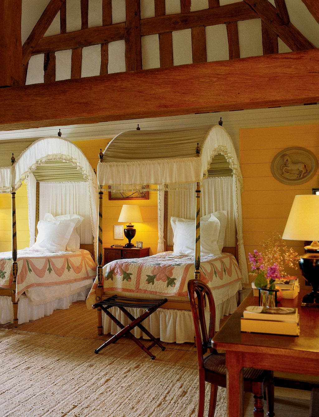 Image may contain Furniture Chair Wood Room Bedroom Indoors Hardwood Flooring Bed Lamp Table Lamp and Floor