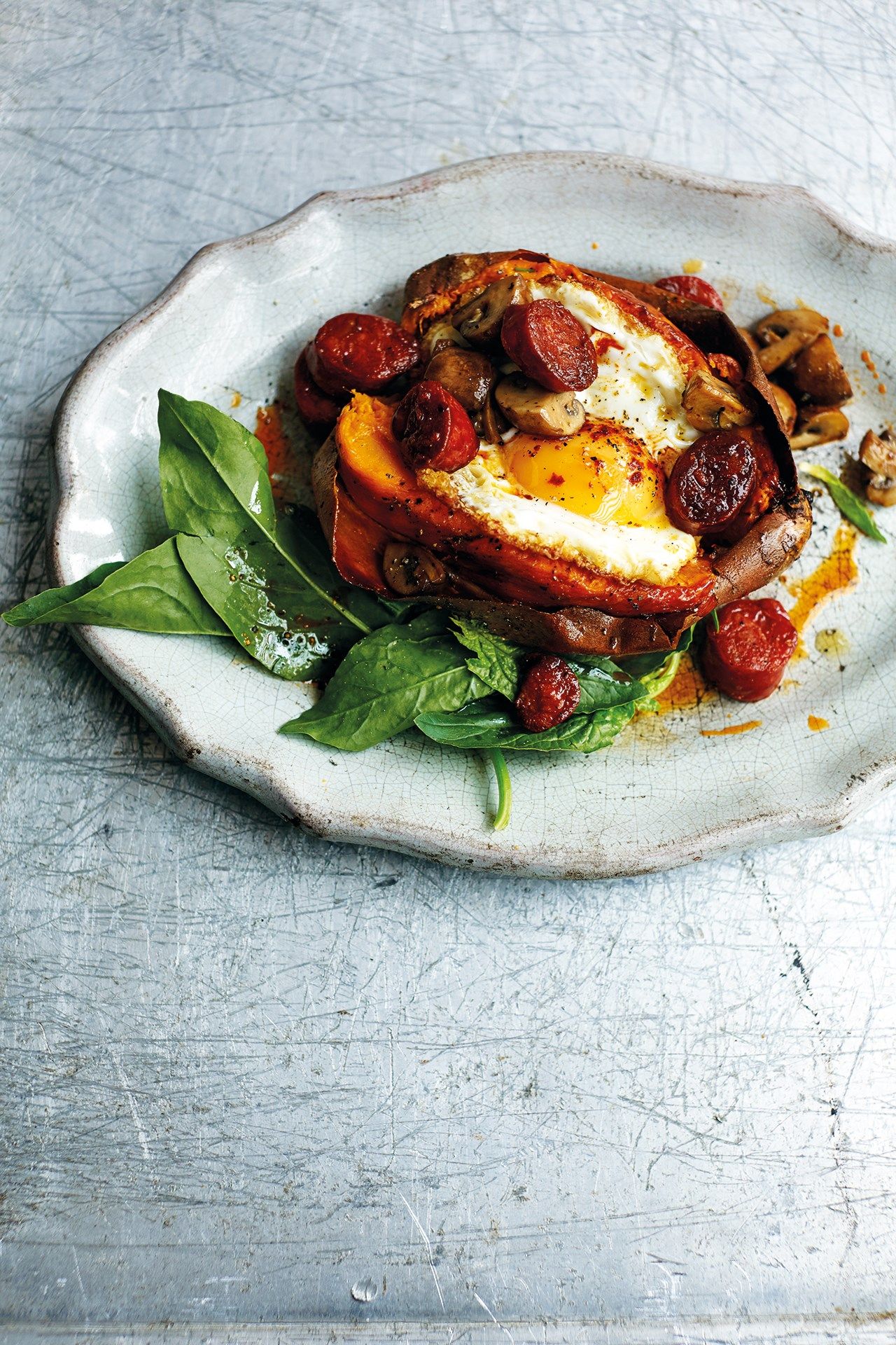 Baked sweet potato with chorizo mushrooms and egg