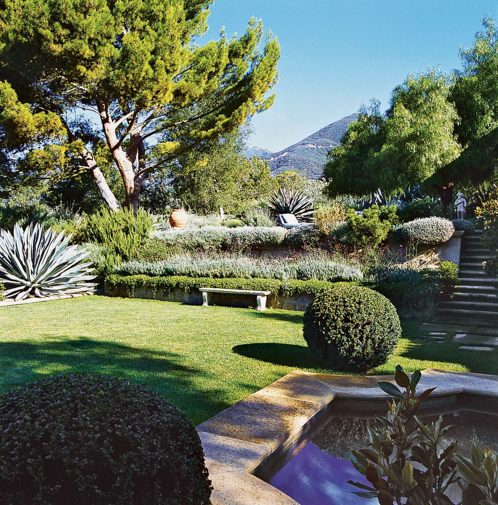 Steps lead up from the pool terrace to the agave garden.