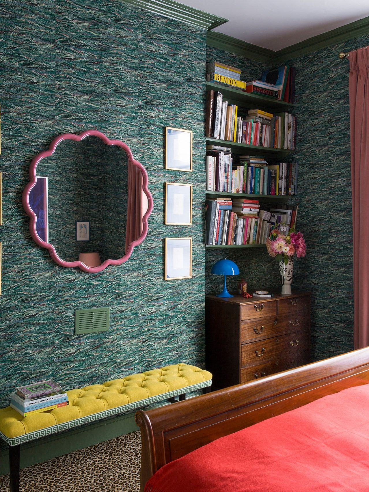 Leopard print carpet and clashing colours in Luke Edward Hall and Duncan Campbell's north London bedroom.