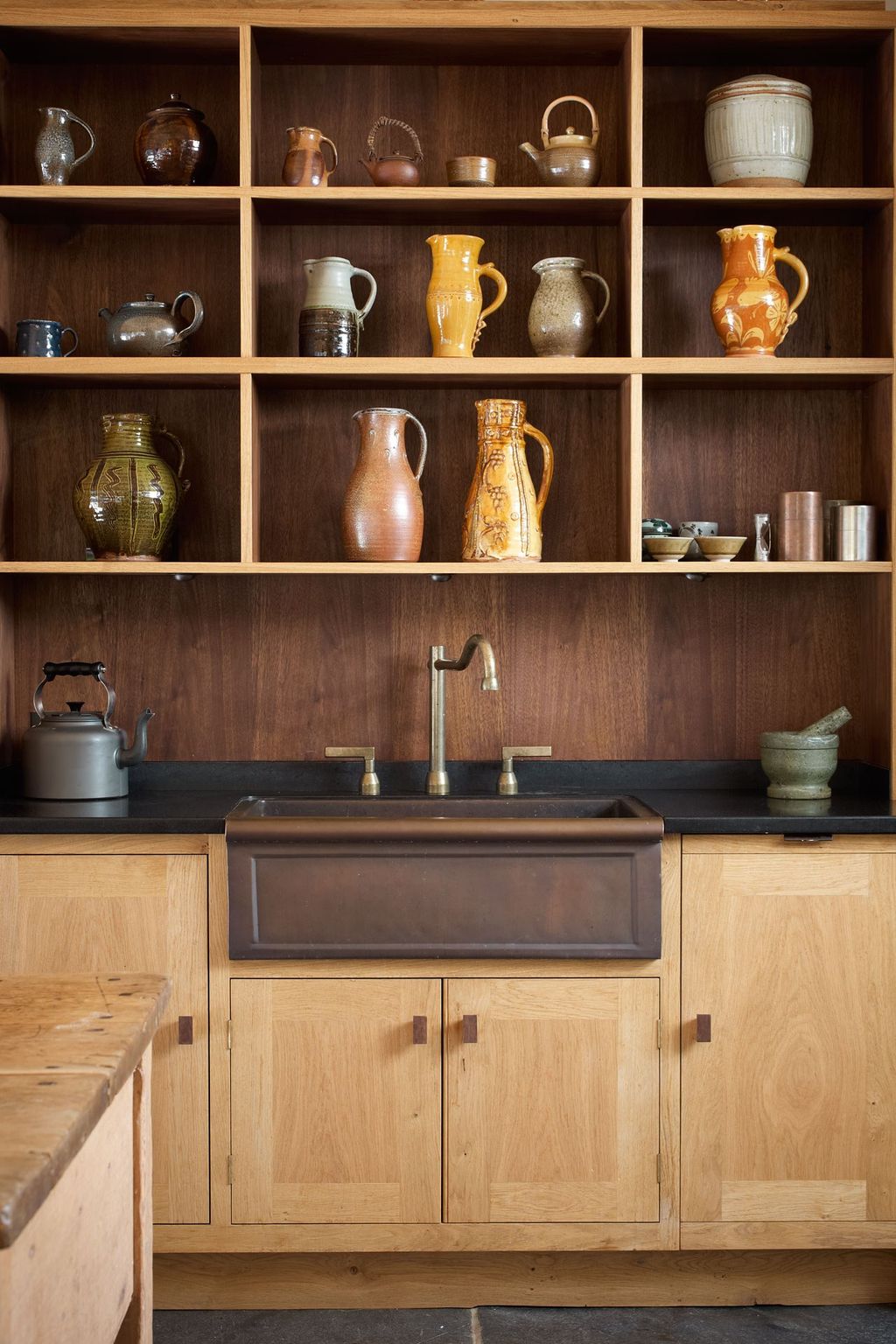 Kitchen Ideas. Image may contain Furniture Shelf Wood and Sink Faucet