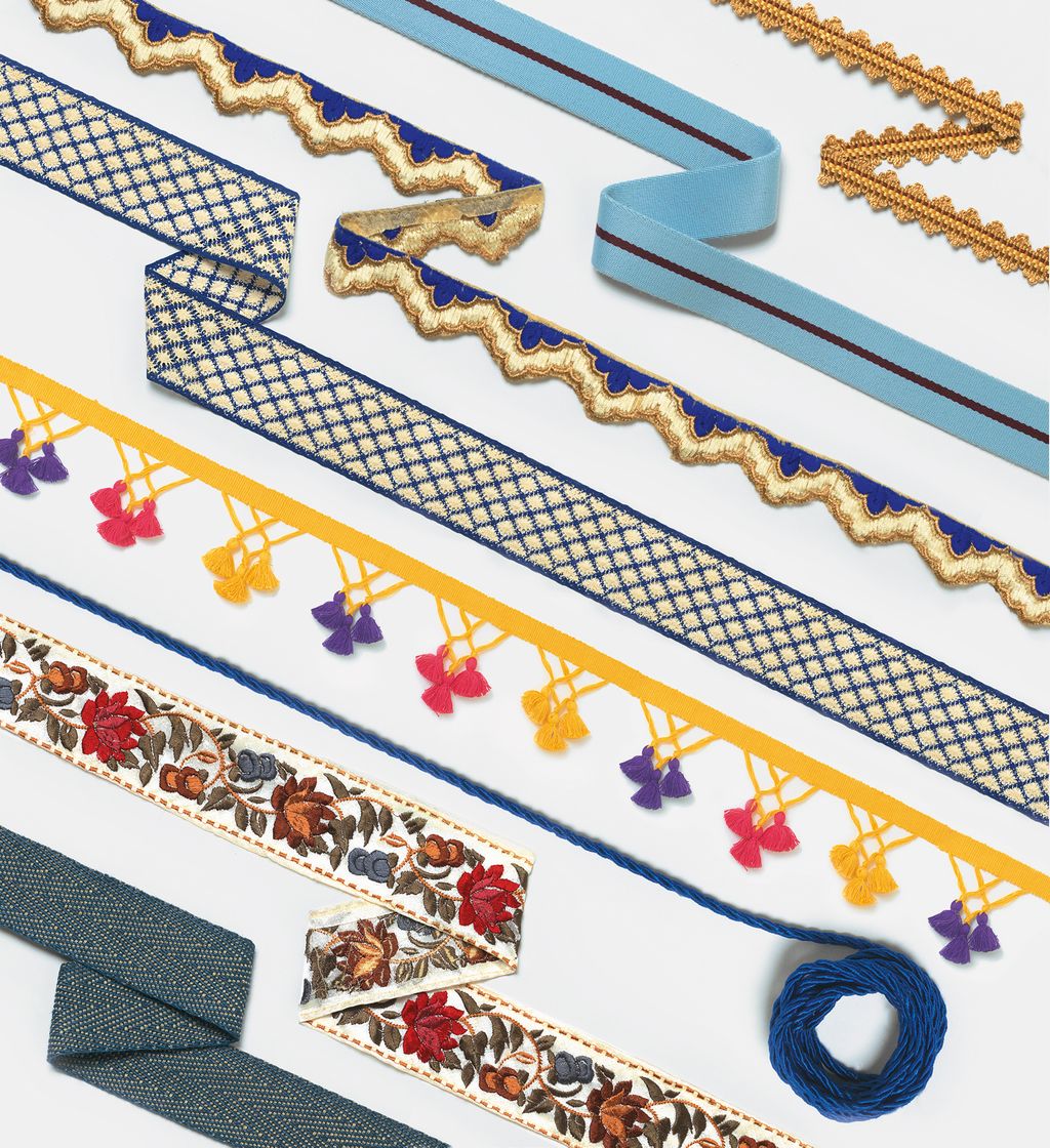 From top ‘Pavilion Narrow Braid silk 1cm wide 16 from Colefax and Fowler ‘Long Road polyester mix 3cm wide 2.75...