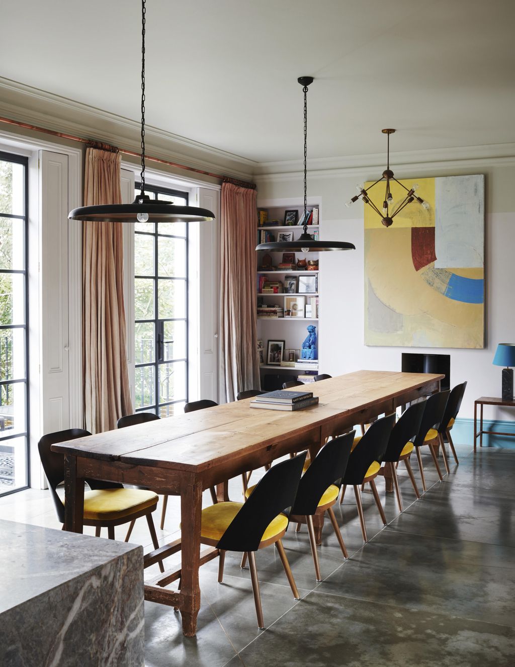 Three sets of ombr linen curtains were handdyed a subtle pinkish apricot by Lucy Bathurst of Nest for the Crittall...