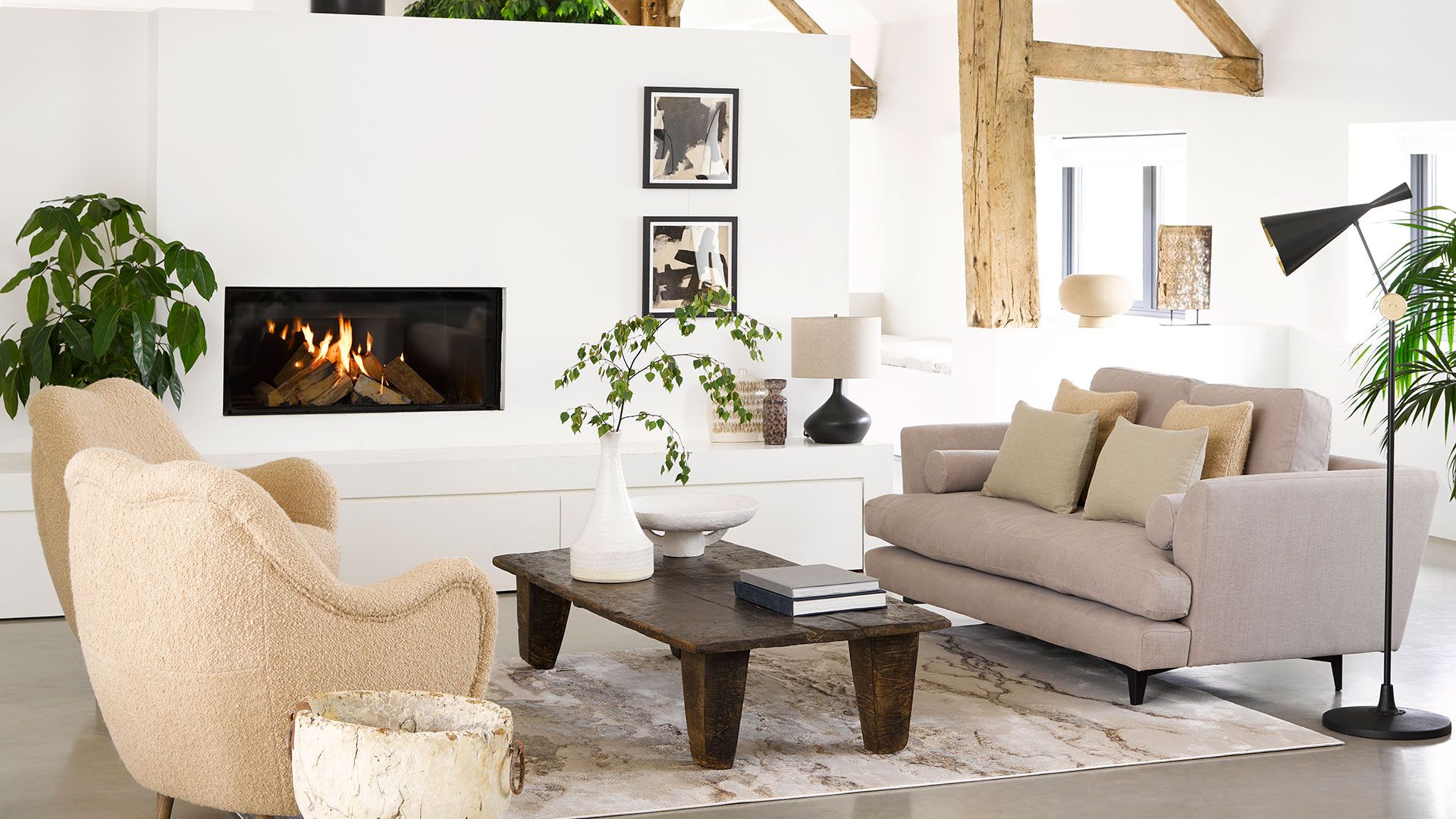 Larsen 2 seat sofa in Stone brushed linen cotton 1490 with Ginger accent chairs in Champagne luxe boucle 950 each Tom...