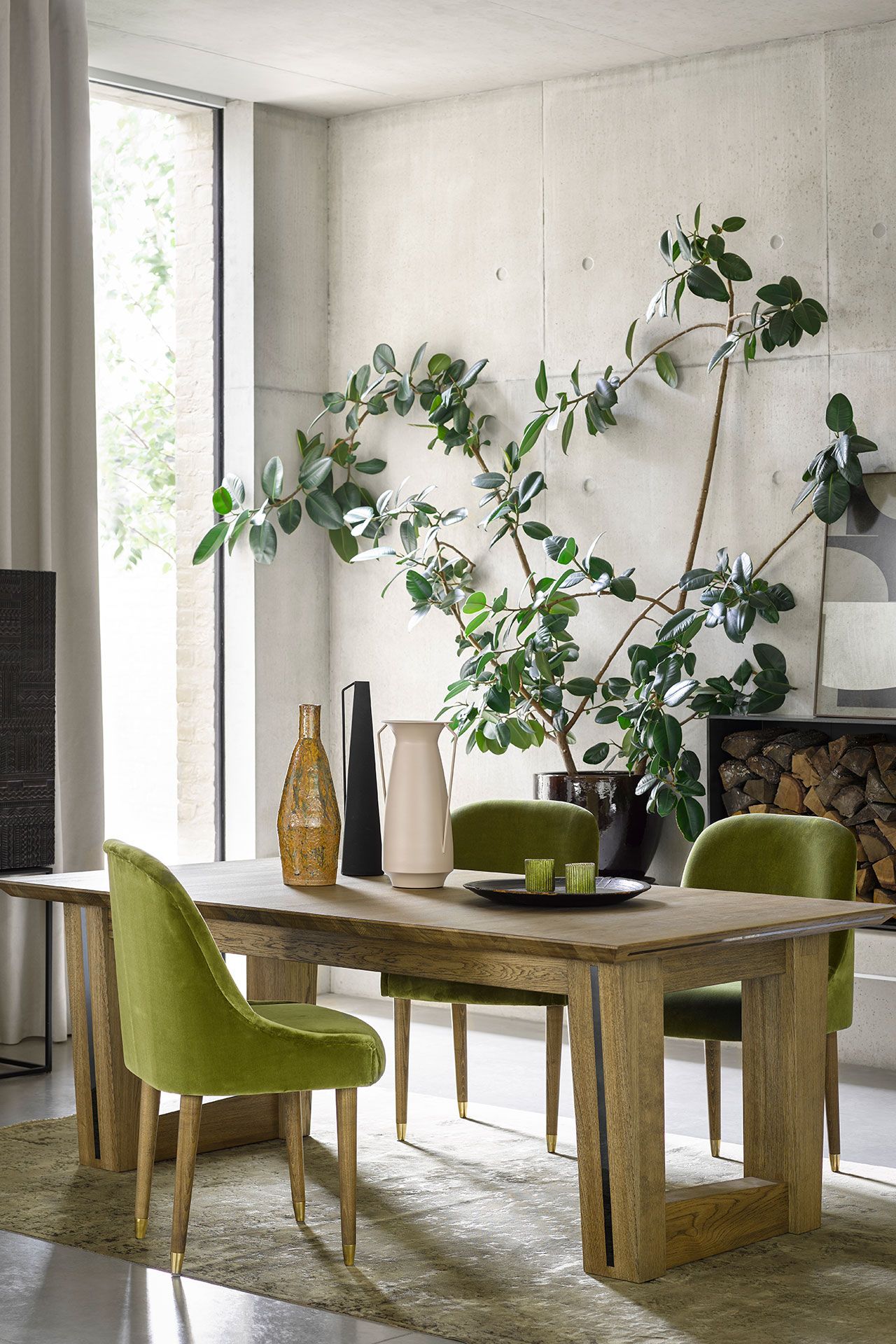 Aspen dining table 2300 Arabella dining chairs in Olive cotton matt velvet 410 each.