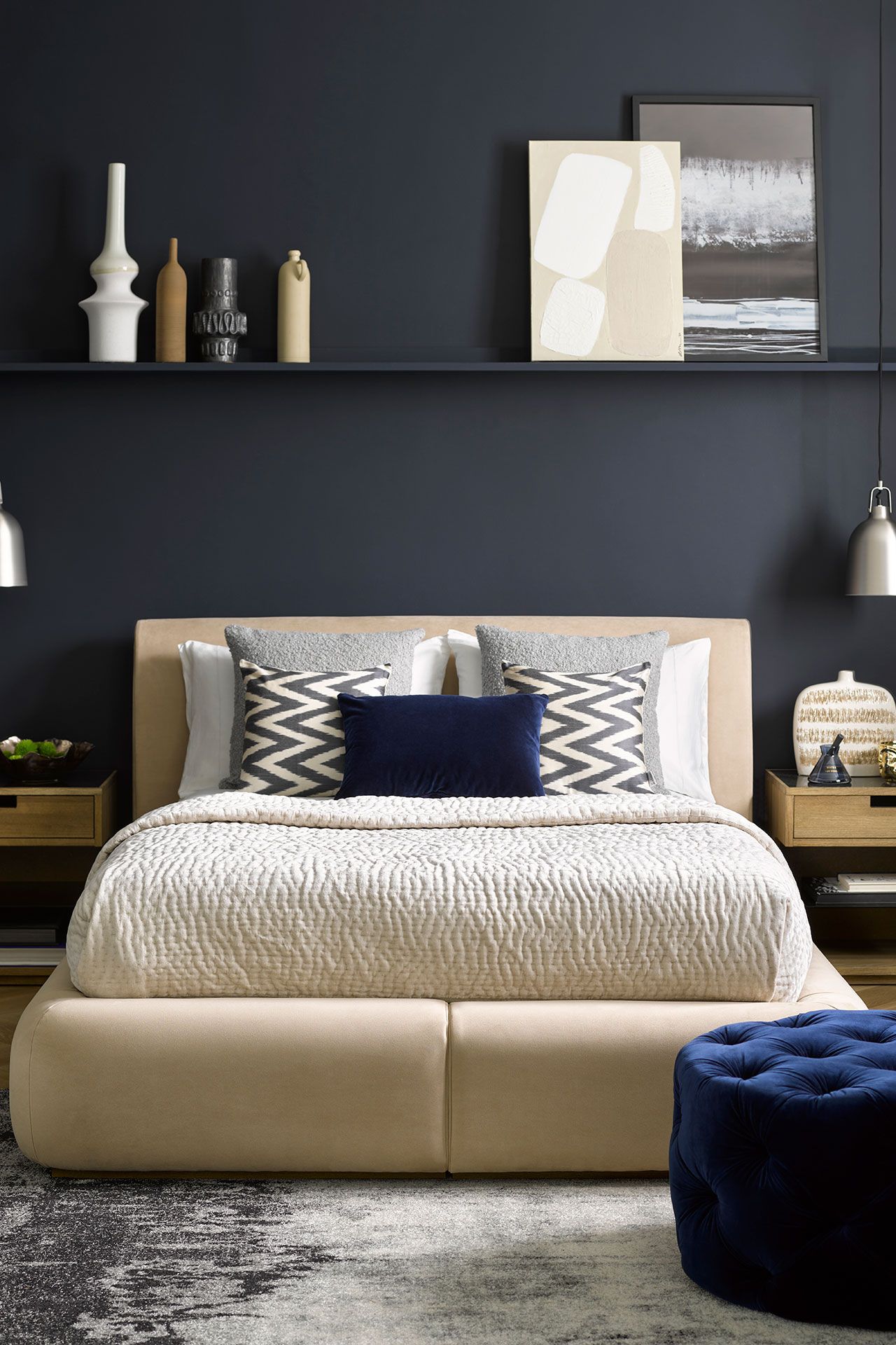 Sunday double storage bed from 1510 Turin besides tables 580 each Georgette footstool in Prussian Blue cotton matt...