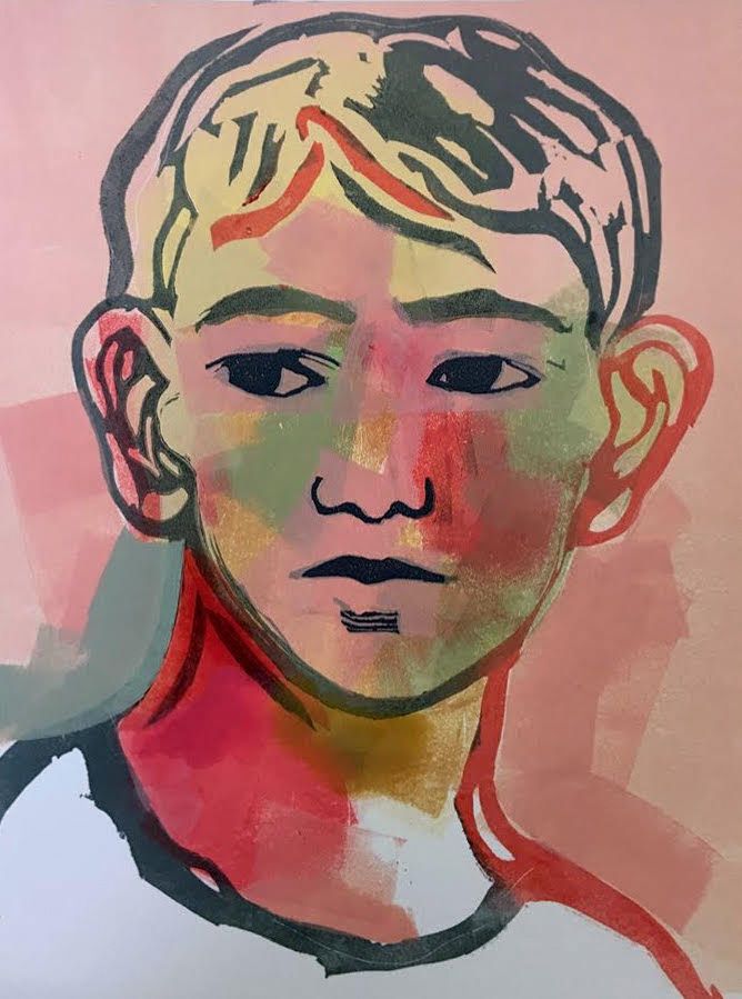 Boy by Michael Kirkman reduction linocut with handfinished elements edition of 28 27 x 20cm 240. mkirkman.com