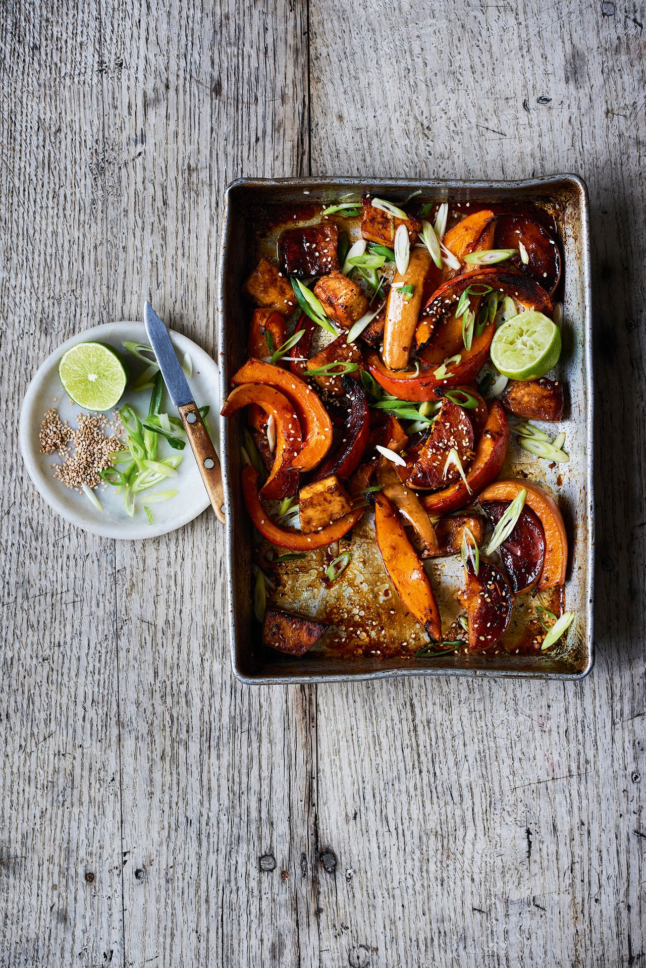 Roast squash traybake recipe and tofu with soy honey chilli and ginger