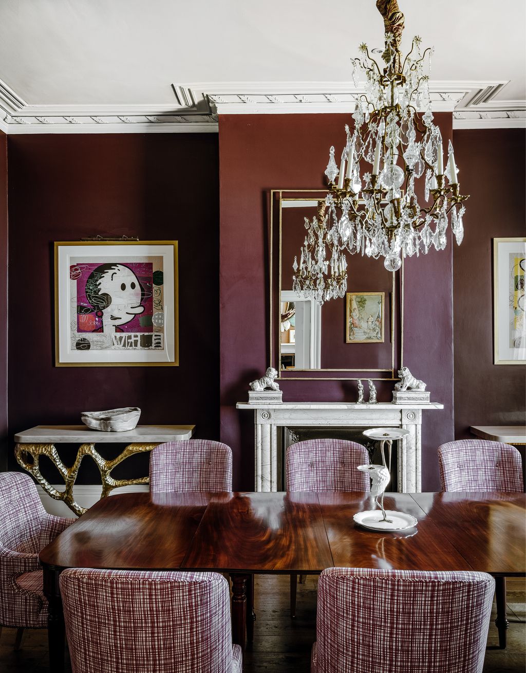 The rich aubergine wall colour is from Dulux Trade