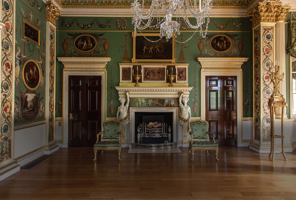 The Painted Room north elevation. The seat furniture was made for the room and covered in green silk damask fragments of...