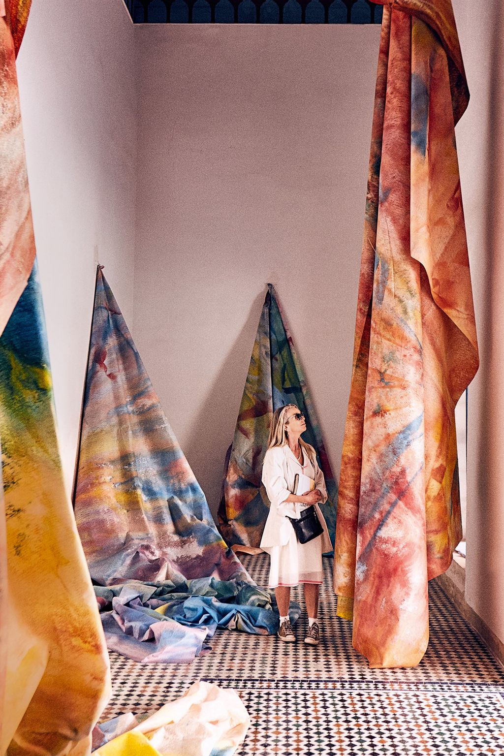 Vanessa viewing work by artist Sam Gilliam at Palais El Bahia part of the Marrakech Biennale.