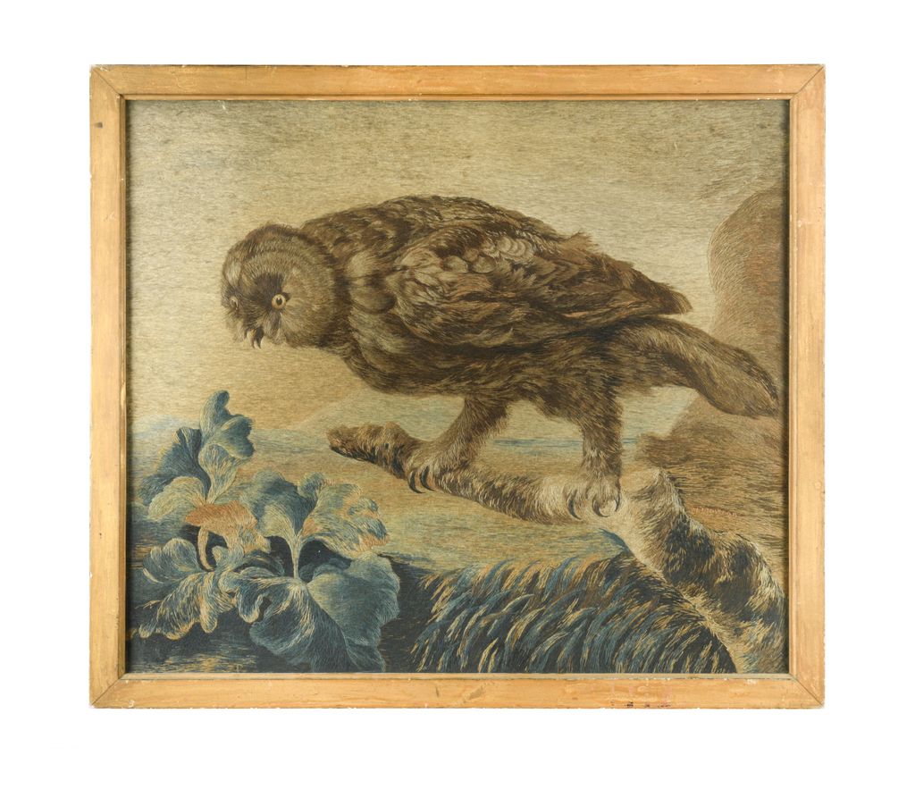 Mary Linwood a silkwork embroidered picture of an owl worked in coloured threads stitched signature. 71.5 x 81.5cm...