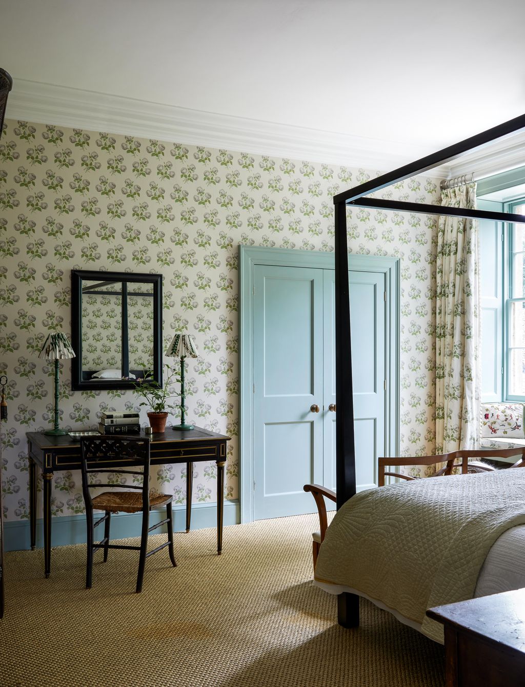 The wallpaper is Colefax  Fowler ‘Bowood . The writing table is from Lorfords Antiques the lamp shades are by Svenkst...