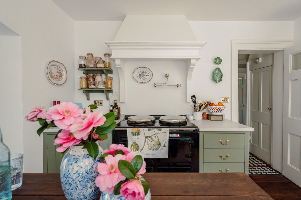 Image may contain Interior Design Indoors Room Plant Furniture Flower Blossom Shelf Living Room Oven and Appliance