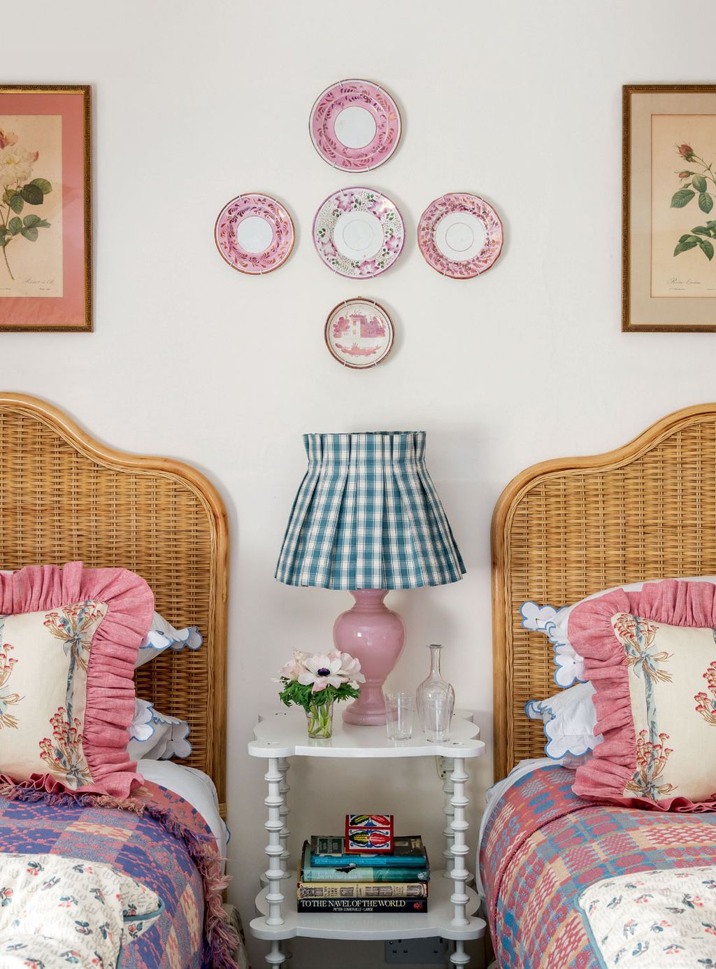 Wicker headboards made to Elizabeths design are teamed with bed linen from Pushpanjali