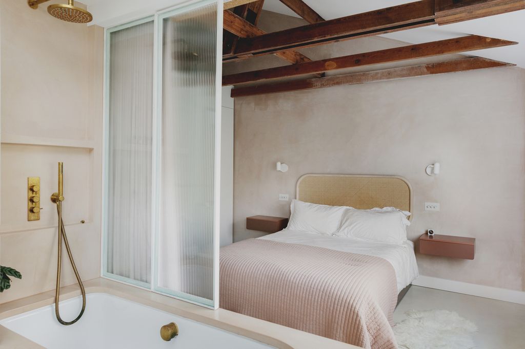 The shower fittings are from Aston Matthewss ‘Ambra range in brass as are the bathrooms towel rail and taps.