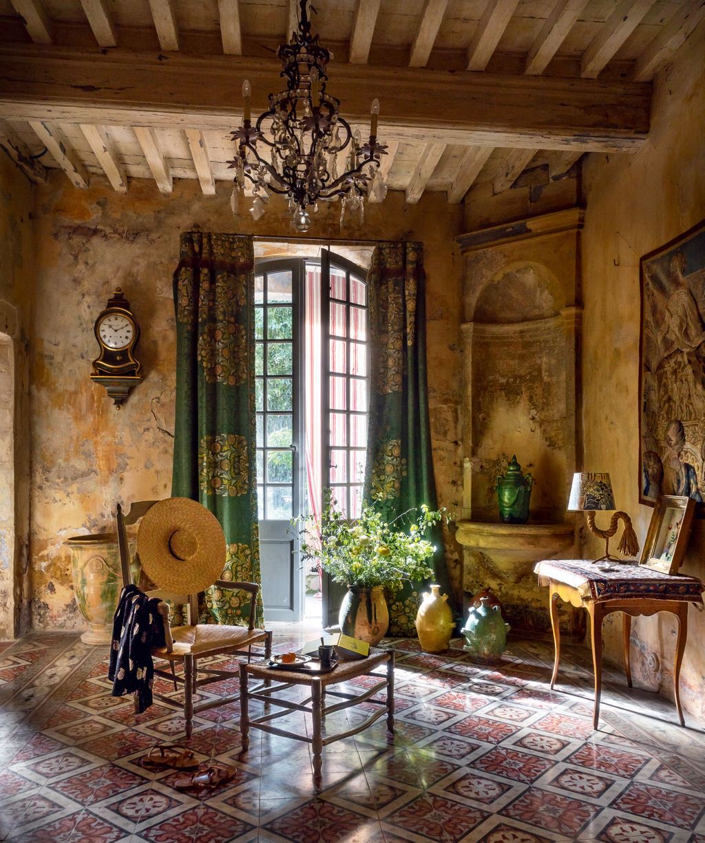 Exterior curtains in ‘Malmaison Rayure  cotton by Le Manach 180 a metre from Pierre Frey.  Italian 18thcentury...