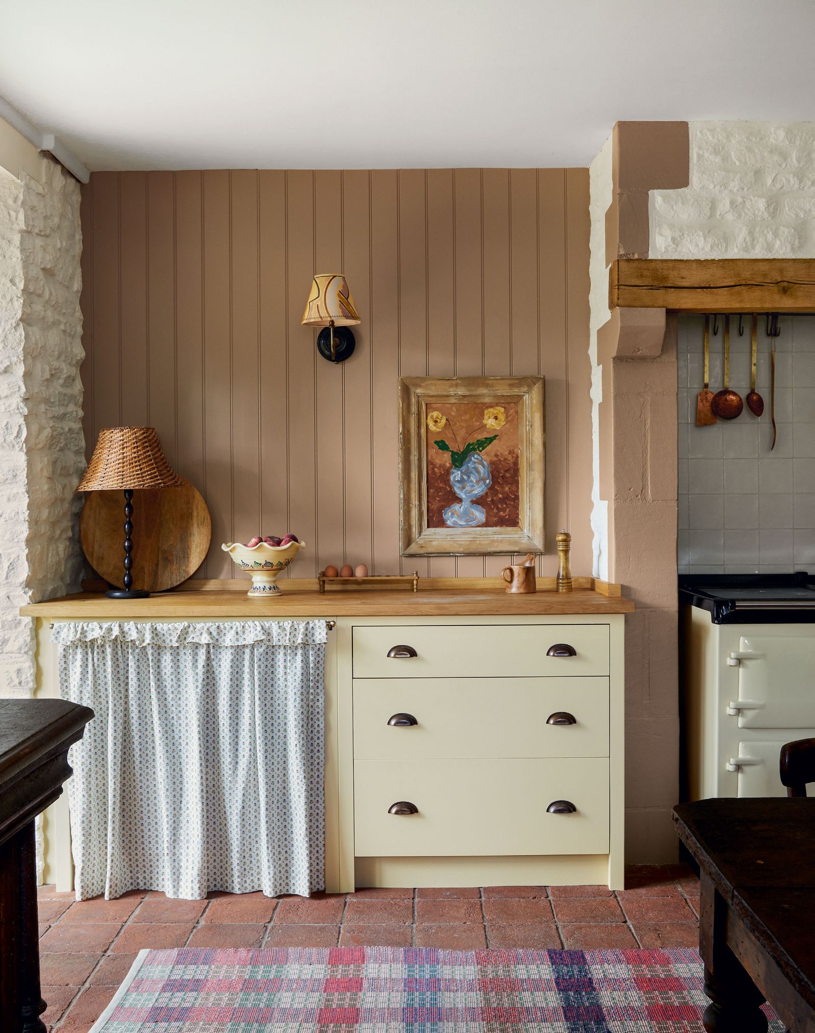 Tongueandgroove panelling in Farrow amp Balls ‘Dead Salmon' in this charming converted barn.