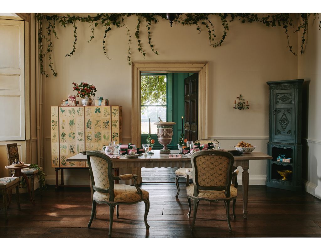 Dining room in ‘Old White 52 for 2.5 litres estate emulsion from Farrow  Ball.  Background in ‘Aquamarine Deep 52 for...