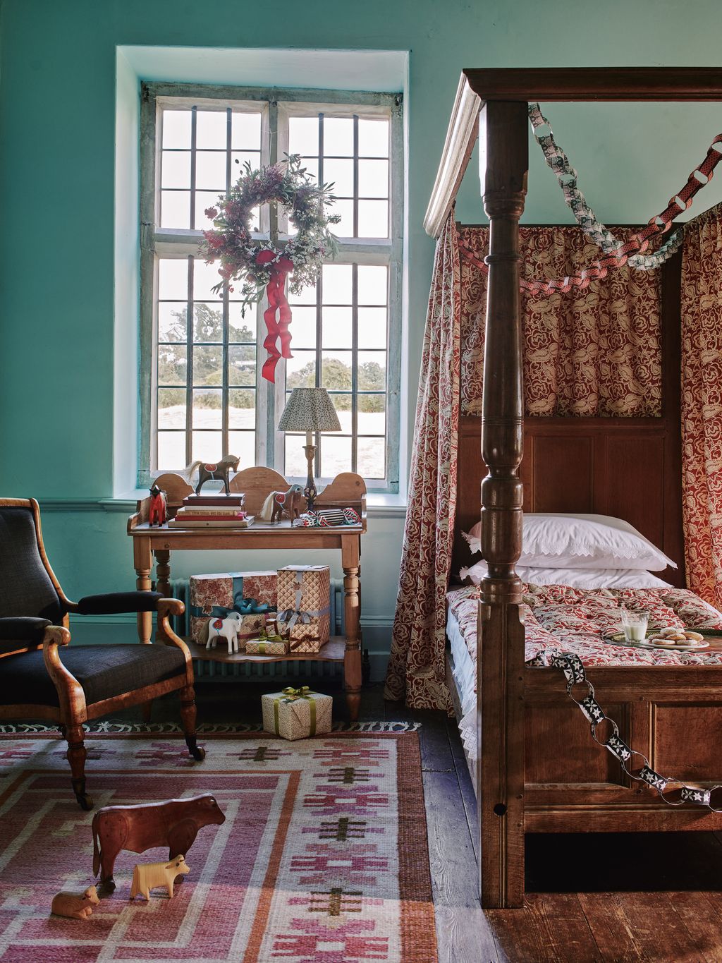 ‘Aquamarine Mid as before from Little Greene Paint  Paper.  Foliage and berry wreath made during workshop 175 per person...