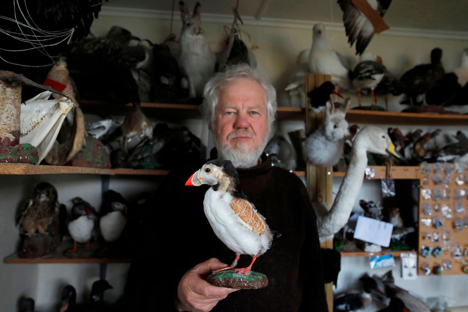 nbspJensKjeld Jensen holding a stuffed bird from his personal collection in Nolsoy