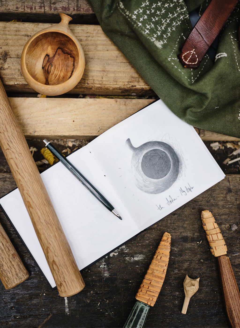 A drawing of the vessel the finished item and Samuel's tools.