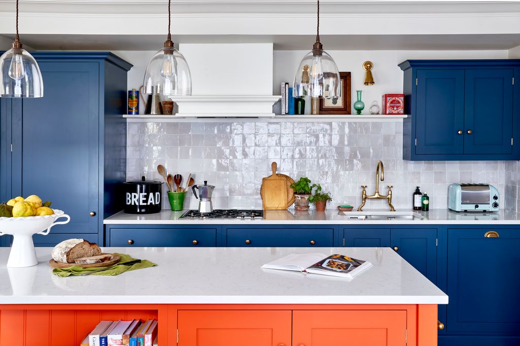 In the kitchen ‘Shaker by deVOL cabinets are painted in Pantry Blue and the worktops are Siletone. The splashback was...