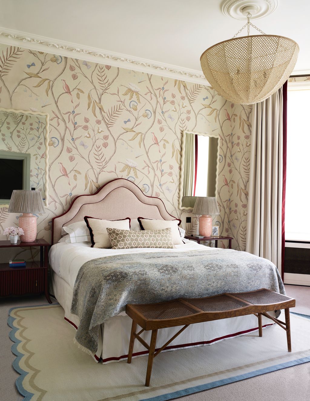 A headboard in de Le Cuonas dusk ‘Malmo linen tones with ‘Adams Eden wallpaper by Lewis Wood.