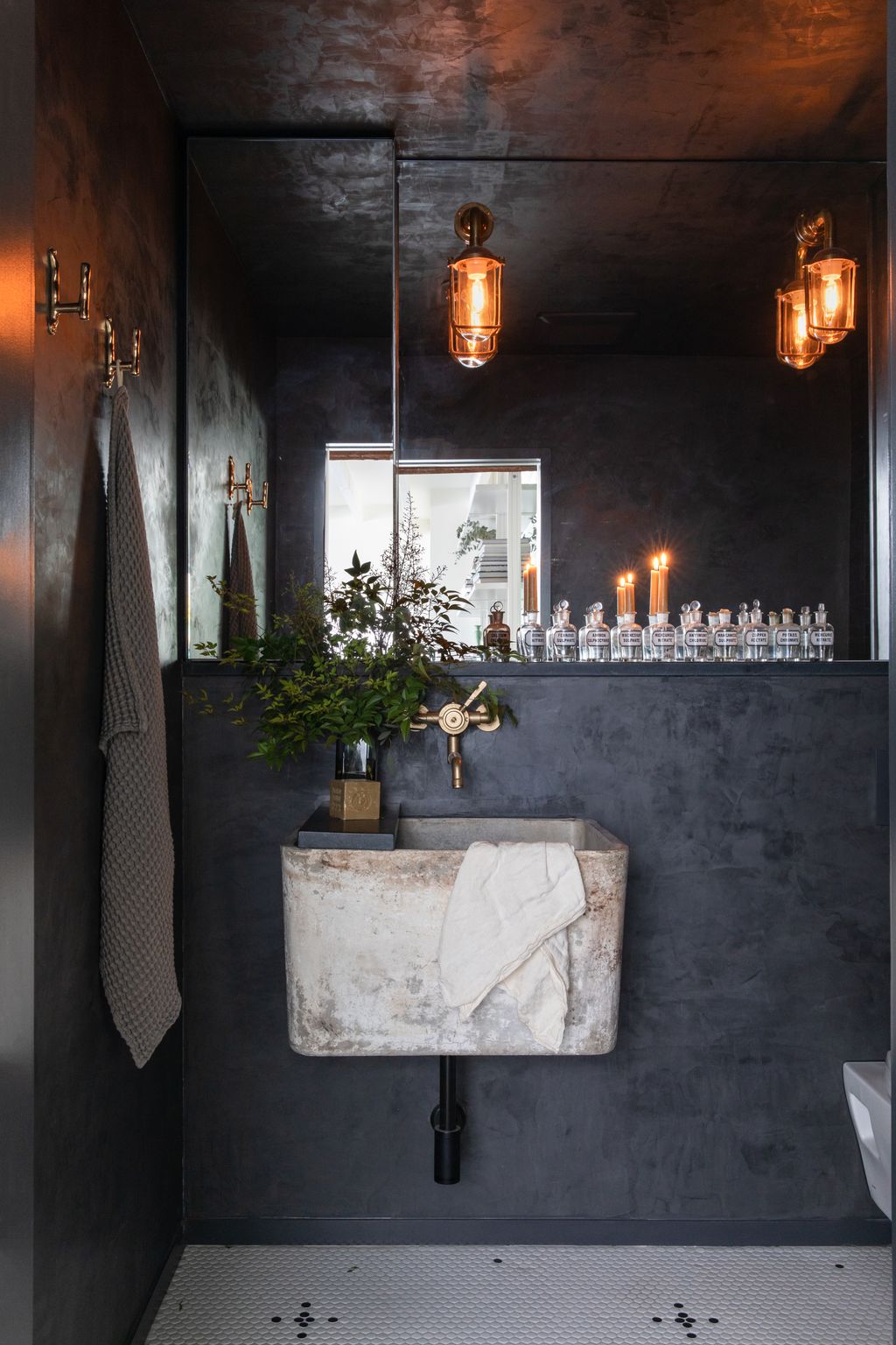 The bathroom is tiled with Zellige tiles sourced from Cl Tile in Sausalito. Plumbing fixtures are from Brodware an...