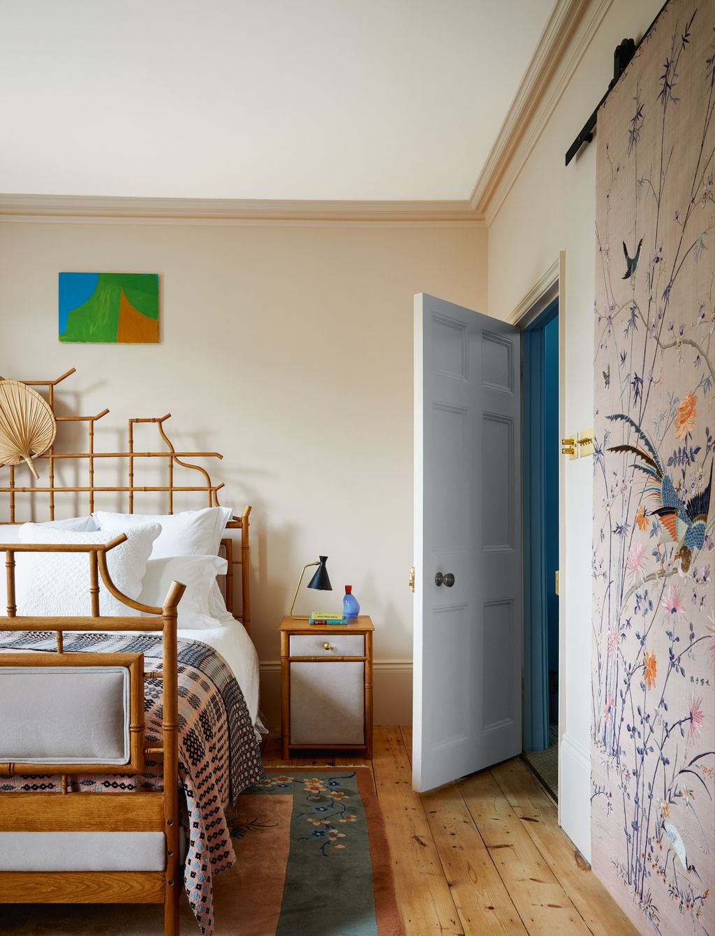 Rachel designed the wooden bedframe and bedside table to mimic bamboo referencing an antique kimono found at a Paris...