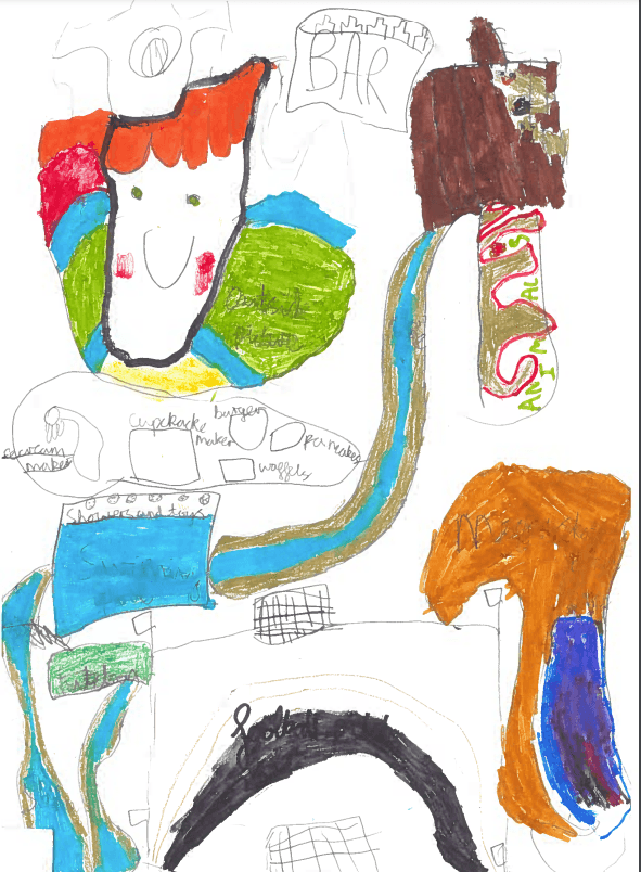 Hector's dream house with a selfportrait on the outside and a skate park and football pitch