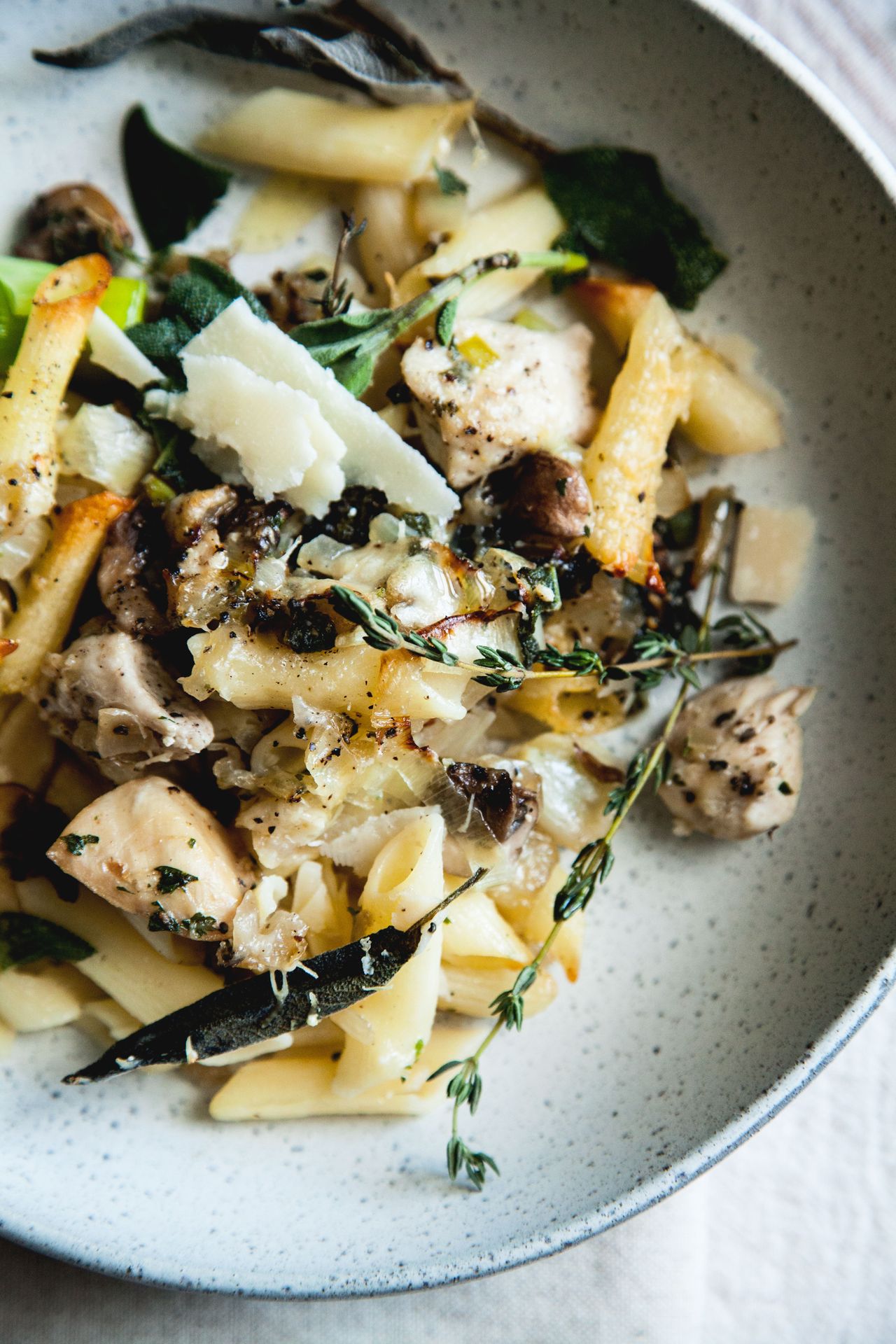 A chicken pasta bake recipe with sage mushrooms and leeks
