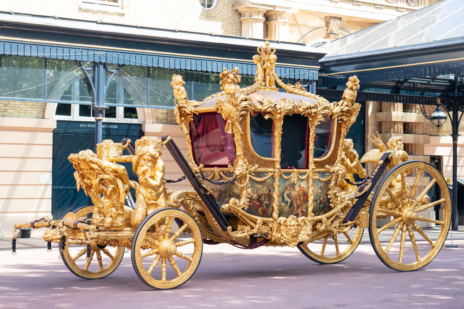 General view of the Gold State Coach at the Royal Mews Buckingham Palace London. The coach was last used as part of...