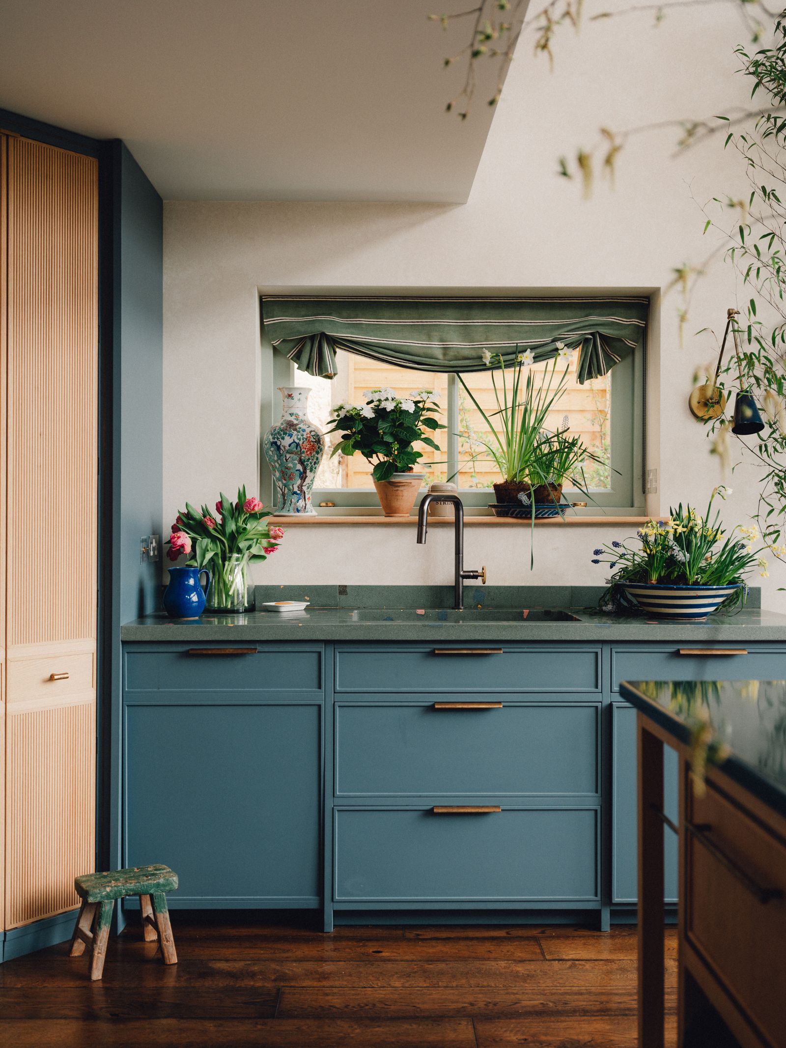 The bespoke terrazzo worktop in Katie's kitchen was made by Huguet Mallorca with pieces of the pyrolave worktop mixed...