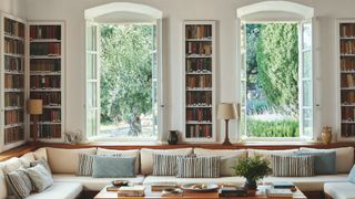 A view of the iconic living room library which still holds Patrick and Joan Leigh Fermors book collection. The couple...