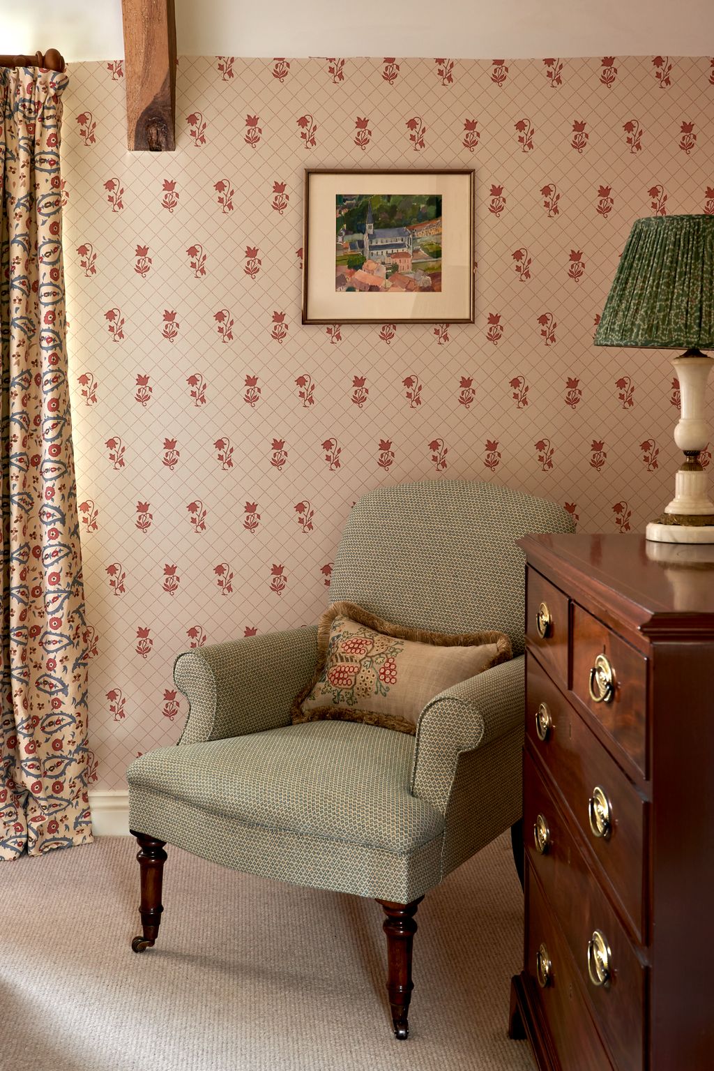 In the same bedroom the blue armchair is “Lambourne” by Balmain  Balmain and is upholstered in “Mini weave” in sky by...