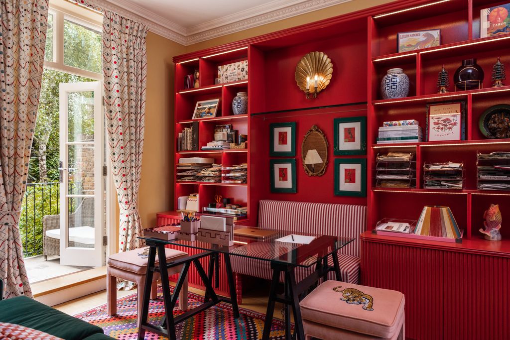 In the study bespoke joinery provides a display for books and treasures collected over the years. Alice found the stools...