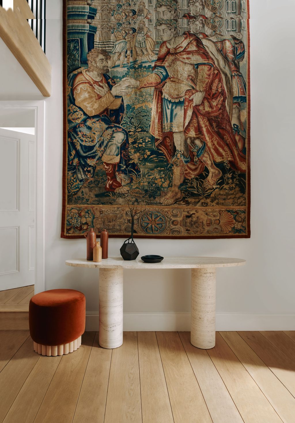 Pecas ‘Loto pouffe is upholstered in Pierre Freys ‘Opera Velours cotton velvet in cuivre.